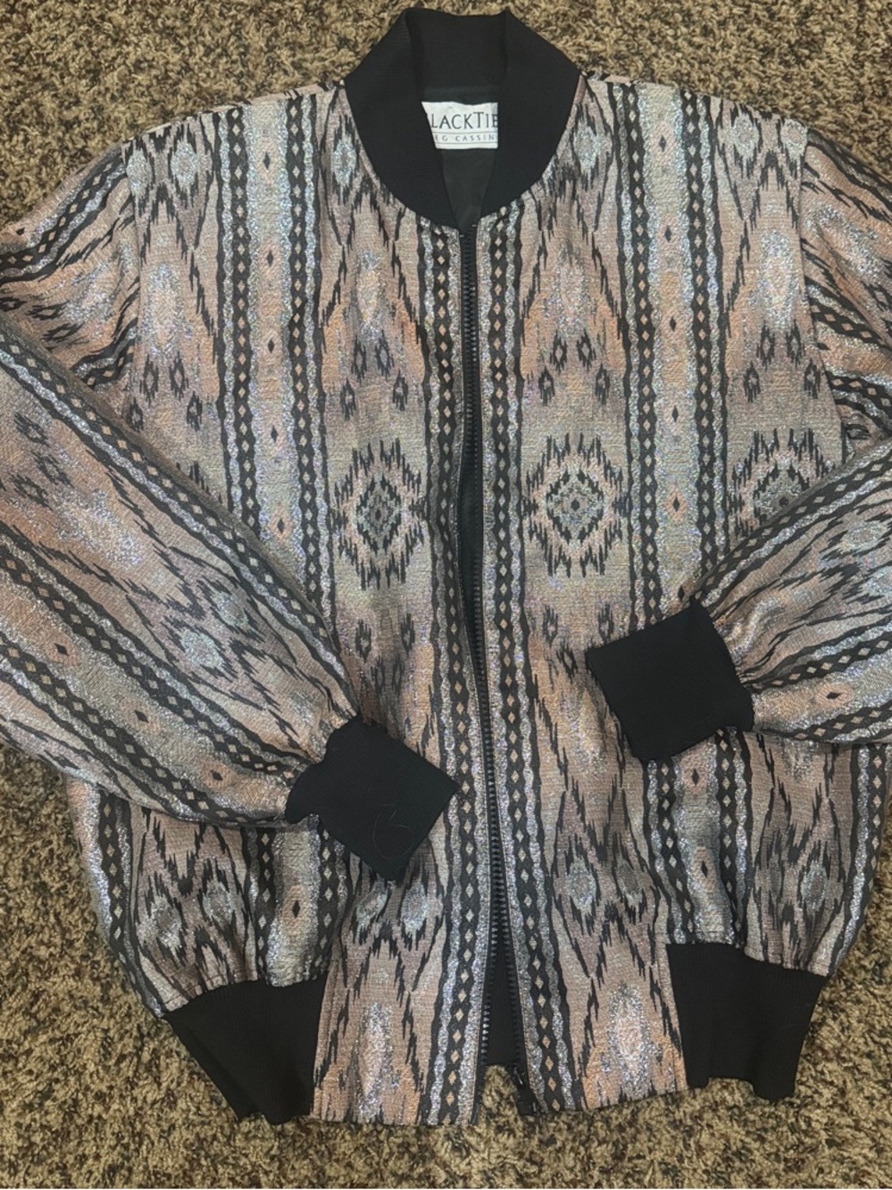 Oleg Cassini Pink Multi Patterned Bomber Jacket with Black Trim
